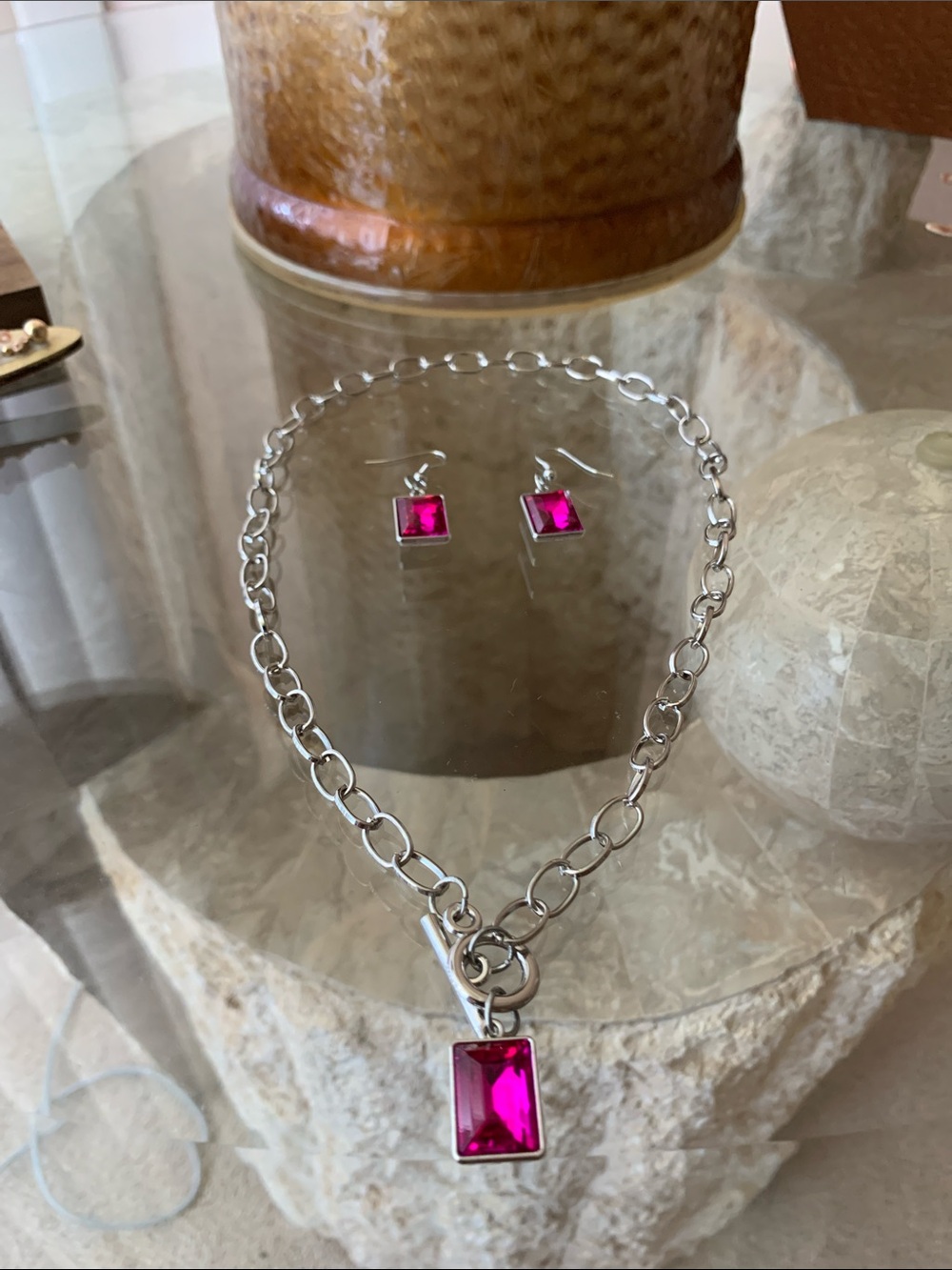 Silver-Tone Chain Necklace and Earrings Set with Hot Pink Crystal Pendant